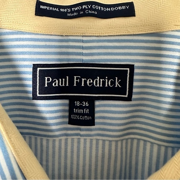 Paul Fedrick Shirt Trim Fit Blue & White Stripe Flip Cuff Button Up Sz 18 36 - Picture 5 of 6